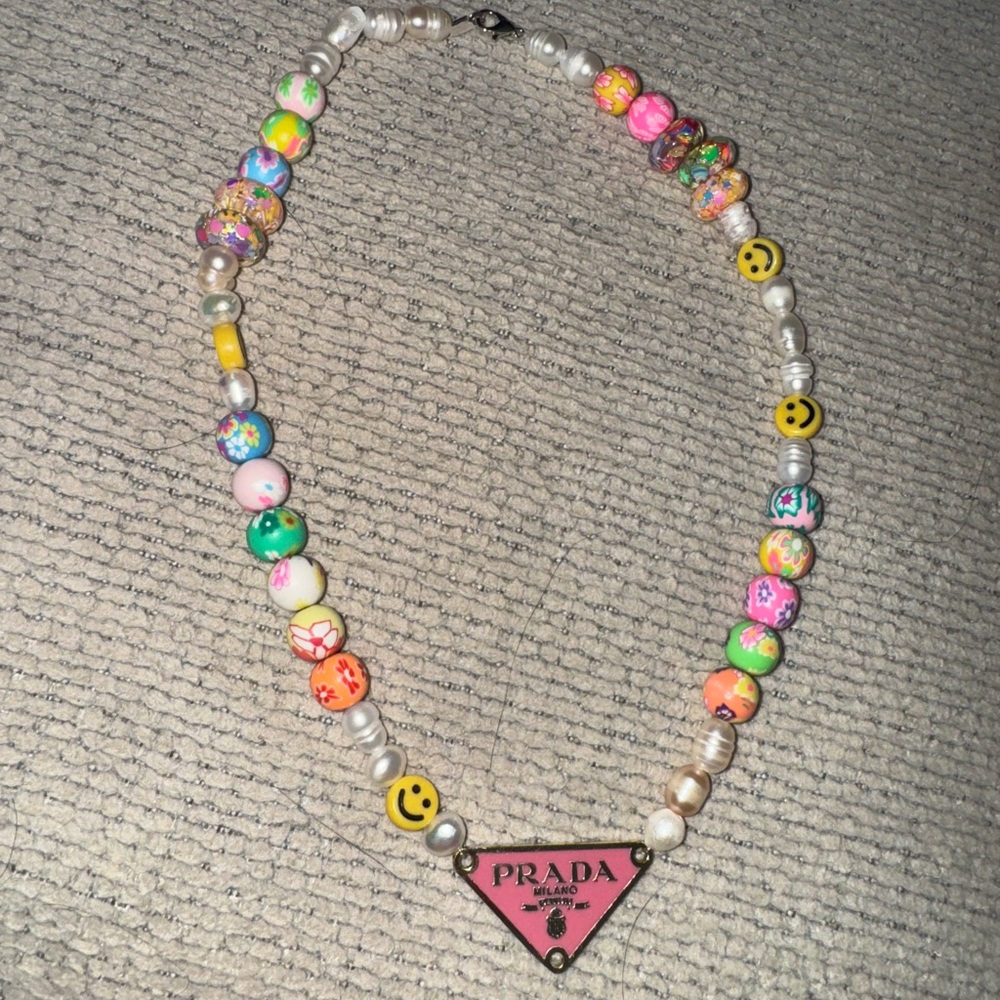 Repurposed Lux Prada Charm 7- 10mm fresh Water Pearls And Clay Beaded Necklace